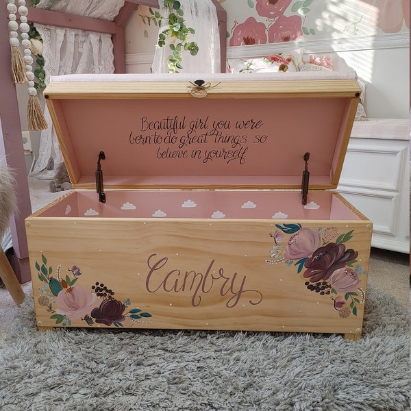 Toy box | NEW HINGES | Toy bin | Kids toy chest | wood toy box | Upholstered bench | personalized name | girls |custom toy box |
