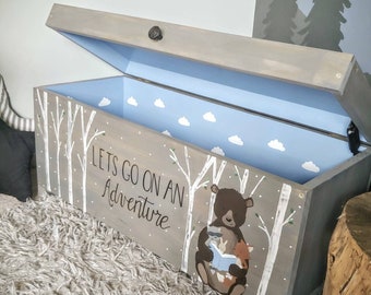 Toy box | Large Toy box | Hand Painted| Toy bin  | Kids Toy chest | Wood toy box | Boys | Personalized name | Custom toy box | Woodland bear