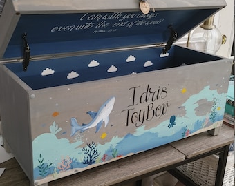 Toy box | Underwater shark Toy chest | Kids toy chest | wood toy box | Upholstered bench | personalized name | boys |custom toy box |