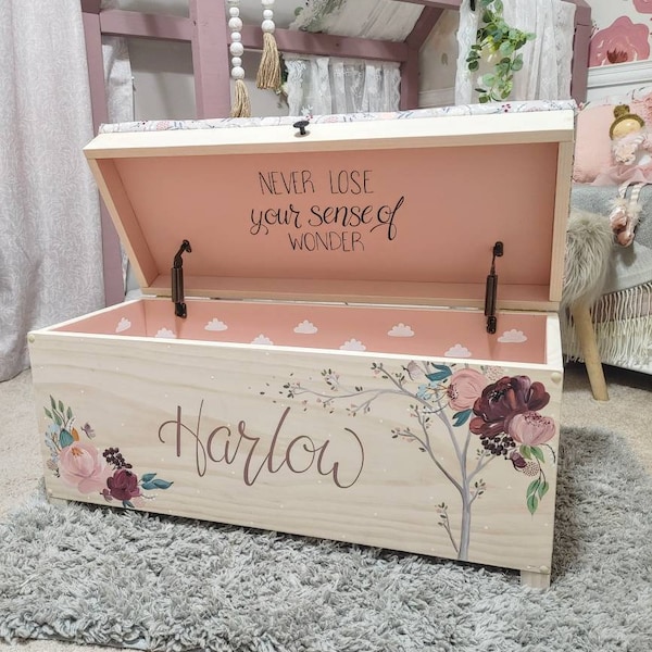 Toy box | NEW HINGES | Toy bin | Kids toy chest | wood toy box | Upholstered bench | personalized name | girls |custom toy box |