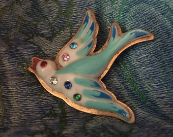 Vintage Celluloid Bird Brooch with Rhinestones