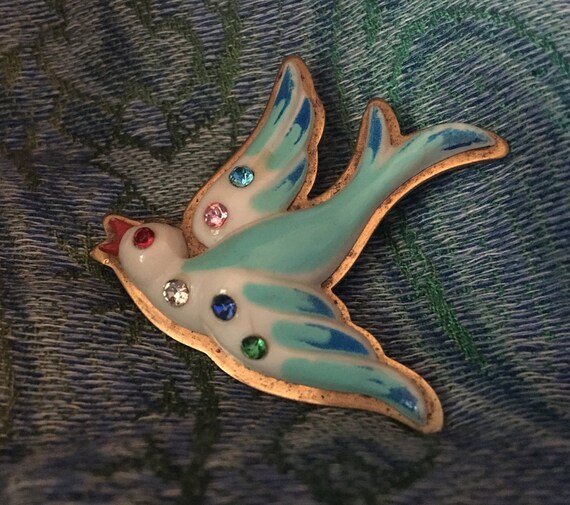 Vintage Celluloid Bird Brooch with Rhinestones