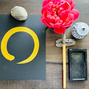 Enso  Zen Circle, Black Gold, Original Japanese Calligraphy Shodo, Wall Art Gift