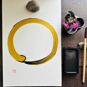 Enso Zen Circle 12x18in, Gold, Original Japanese Calligraphy Shodo, Wall Art Gift