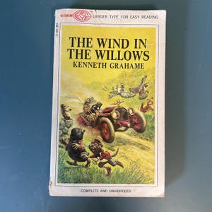 Op de afbeelding: Een paperback boek getiteld The Wind in the Willows van Kenneth Grahame. De kaft heeft een gele achtergrond met een illustratie van een pad die in een rode oldtimer rijdt, vergezeld door andere dieren in een grasrijk landschap.