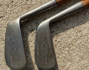 Antique Hickory Shaft Golf Clubs Pair, 1920s MacGregor Hand Forged Irons, Vintage Golf Decor, Office Display, Sports Cave