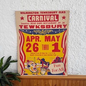 Vintage 1960s Carnival Cardboard Poster - 28x22 - Americana Clown Decor