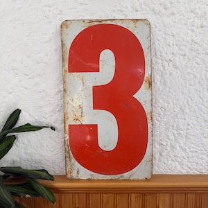 Vintage Double Sided Metal Gas Station Number Sign - Orange and White Number 3 and 4 - 19x10.5 Industrial Automobilia Decor