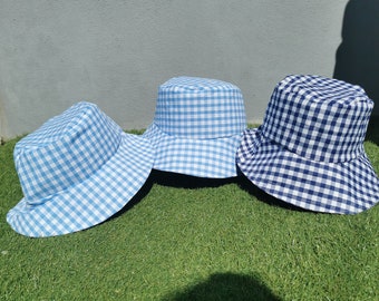 Gingham fabric summer school uniform match summer bucket hat handmade