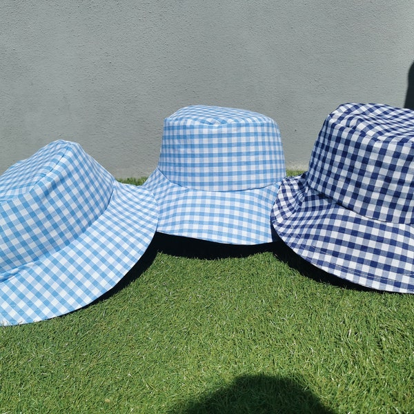 Gingham fabric summer school uniform match summer bucket hat handmade