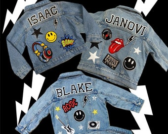 Girls and Boys Denim Jacket | Varsity Letters | Custom | Personalized | Jean | Patches | Kids | Baby | Toddler | Music | Guitar | Rockstar