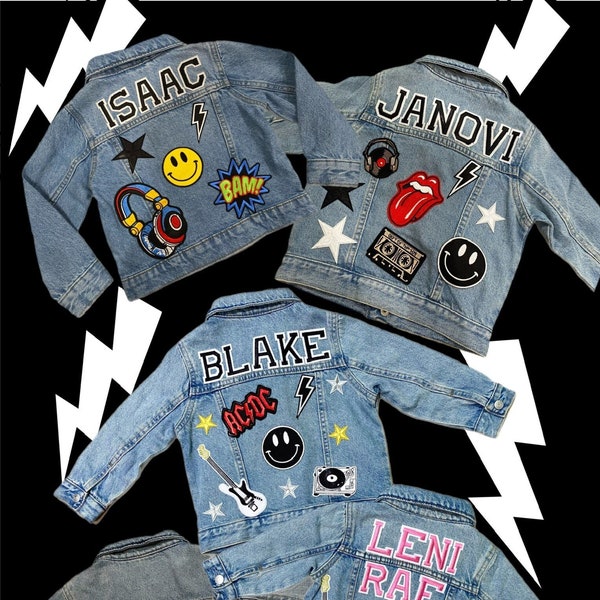 Mädchen und Jungen Jeansjacke | Varsity Buchstaben | Individuell | Personalisiert | Baumwollstoff | Aufnäher | Kinder | Baby | Kleinkind | Musik | Gitarre | Rockstar