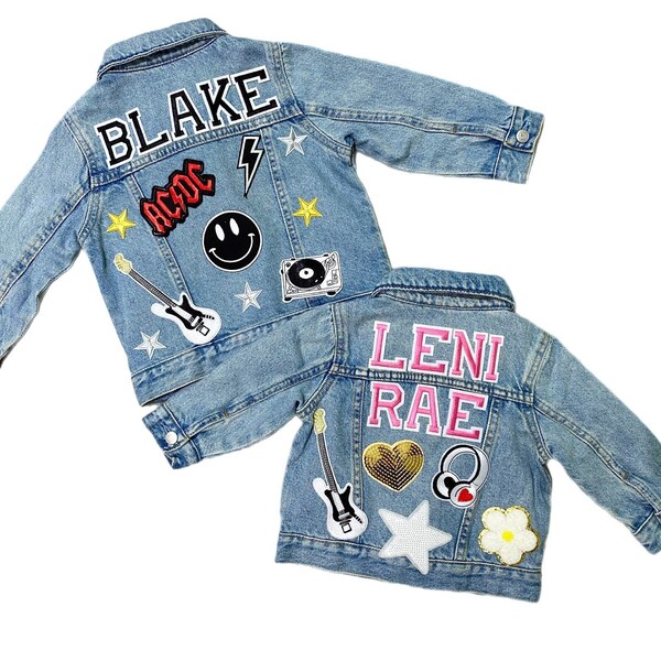 Girls and Boys Denim Jacket | Varsity Letters | Custom | Personalized | Jean | Patches | Kids | Baby | Toddler | Music | Guitar | Rockstar