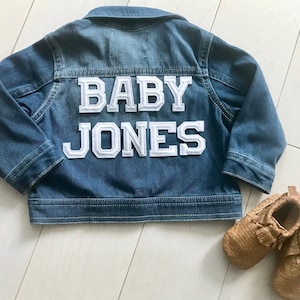 Baby Denim Jacket Toddler Custom Personalized Patches Pregnancy Announcement Gift New Baby Birth Shower Brother Sister image 4