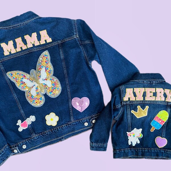 Denim jassen voor mama en dochter | Schatje | Peuter | Mini| Moeder | Jean-jasje | Aangepast | Gepersonaliseerd | Bijpassend | Chenille | Lapje