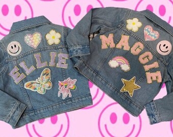 Girls Denim Jacket | Chenille Letters | Custom | Personalized | Jean | Patches | Kids | Toddler | Hearts | Rainbows | Unicorns | Stars