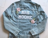 Mrs Denim Jacket Custom Bride Personalized Bridal Wedding Distressed Patches Gift Flowers Garden Blush Pearls