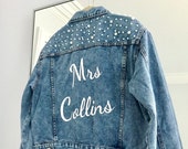 Mrs Denim Jacket Custom Personalized Jean Pearls Embellished Bride Bridal Shower Wedding Gift Distressed Wife Party