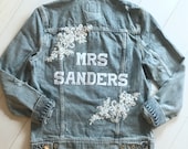 Mrs Denim Jacket Custom Personalized Jean Bride Bridal Shower Wedding Gift Lace Distressed Patches Wife Mrs