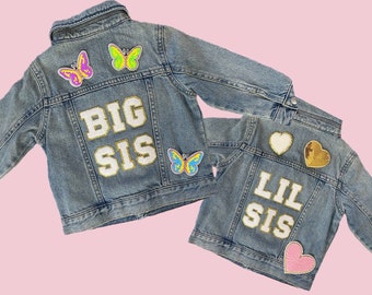 Little Sister Big Sister Girls Denim Jacket | Custom | Personalized | Jean | Patches | Birth Announcement | Lil Sis | Big Sis | Baby Shower