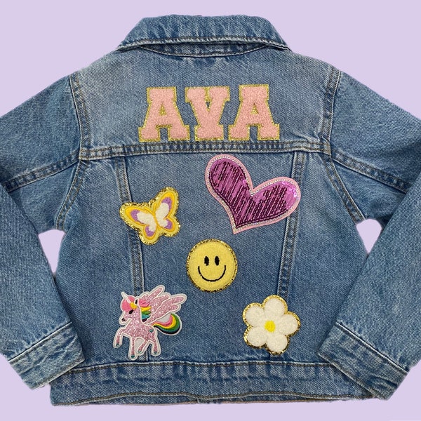 Girls Denim Jacket | Chenille Letters | Custom | Personalized | Jean | Patches | Kids | Toddler | Hearts | Rainbows | Unicorns | Stars
