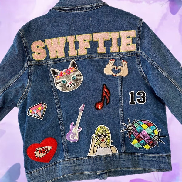 Taylor Denim Jacket | SEWN ON | Swiftie | ErasTour | Custom | Personalized | Gift | Concert | Patch | Chenille | Pins | Lover | Reputation