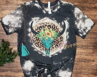Bleached Cow Skull T-Shirt: Leopard, Turquoise, Sunflower Country Western shirt.