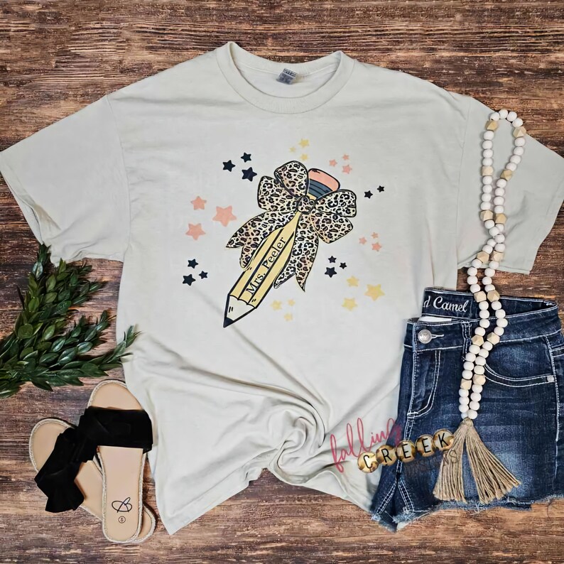 Cute Pencil Shirt, Personalized Leopard Coquette Bow Pencil Tshirt