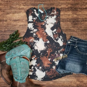 Cowhide acid wash, bleached ladies fit muscle tank top shirt. Country western tank. Size up, runs small.
