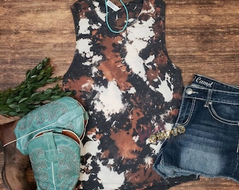 Acid Wash Cow Print Muscle Tank Top: Country Western Bleached Shirt
