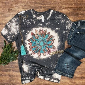 Bleached T-Shirt: Turquoise Leopard Sunflower, Distressed Graphic Tee