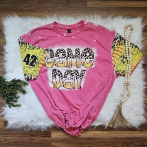 Game Day Softball Custom Bleached T-Shirt. Distressed leopard print sleeves, mom shirt. image 10