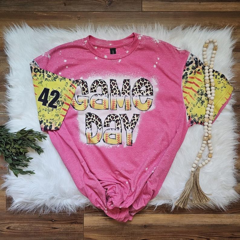 Game Day Softball Custom Bleached T-Shirt. Distressed leopard print sleeves, mom shirt. image 10
