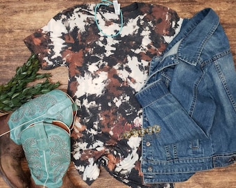 Cowhide acid wash bleached plain shirt. Country western, trendy cowgirl cow print Long sleeve, hoodie, crewneck sweatshirt or short sleeve.
