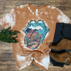 Turquoise, South-western Rock and Roll Tongue, bleached t-shirt. Cowgirl, country western trendy tee.