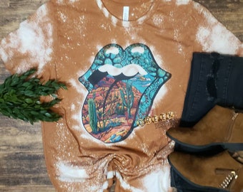 Turquoise, South-western Rock and Roll Tongue, bleached t-shirt. Cowgirl, country western trendy shirt.