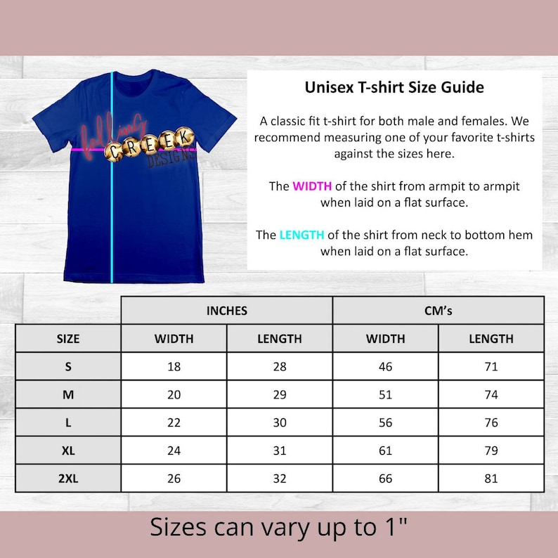 Unisex fit size chart