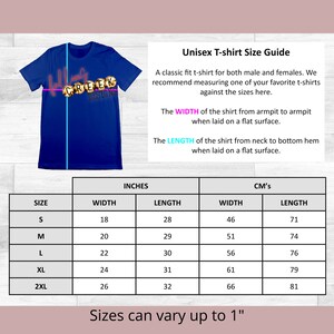 Unisex fit size chart