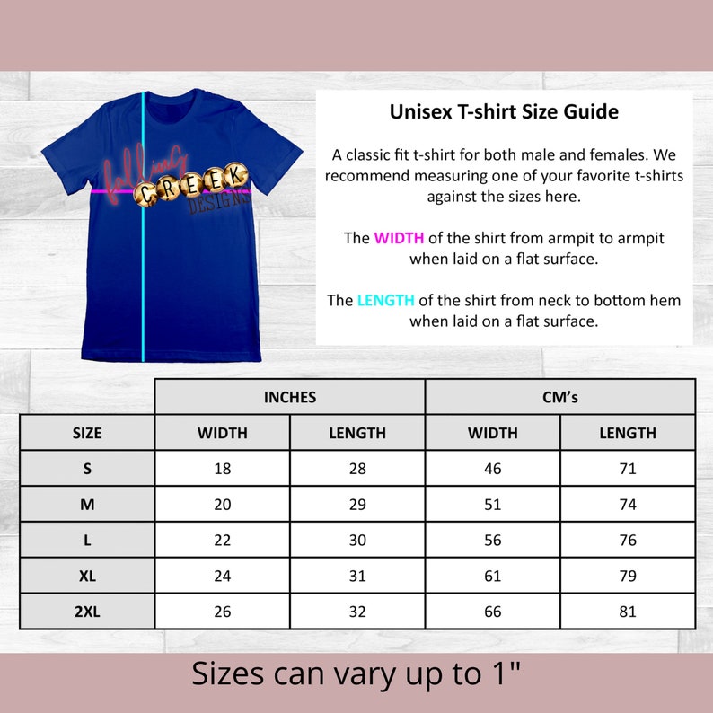 Unisex fit size chart