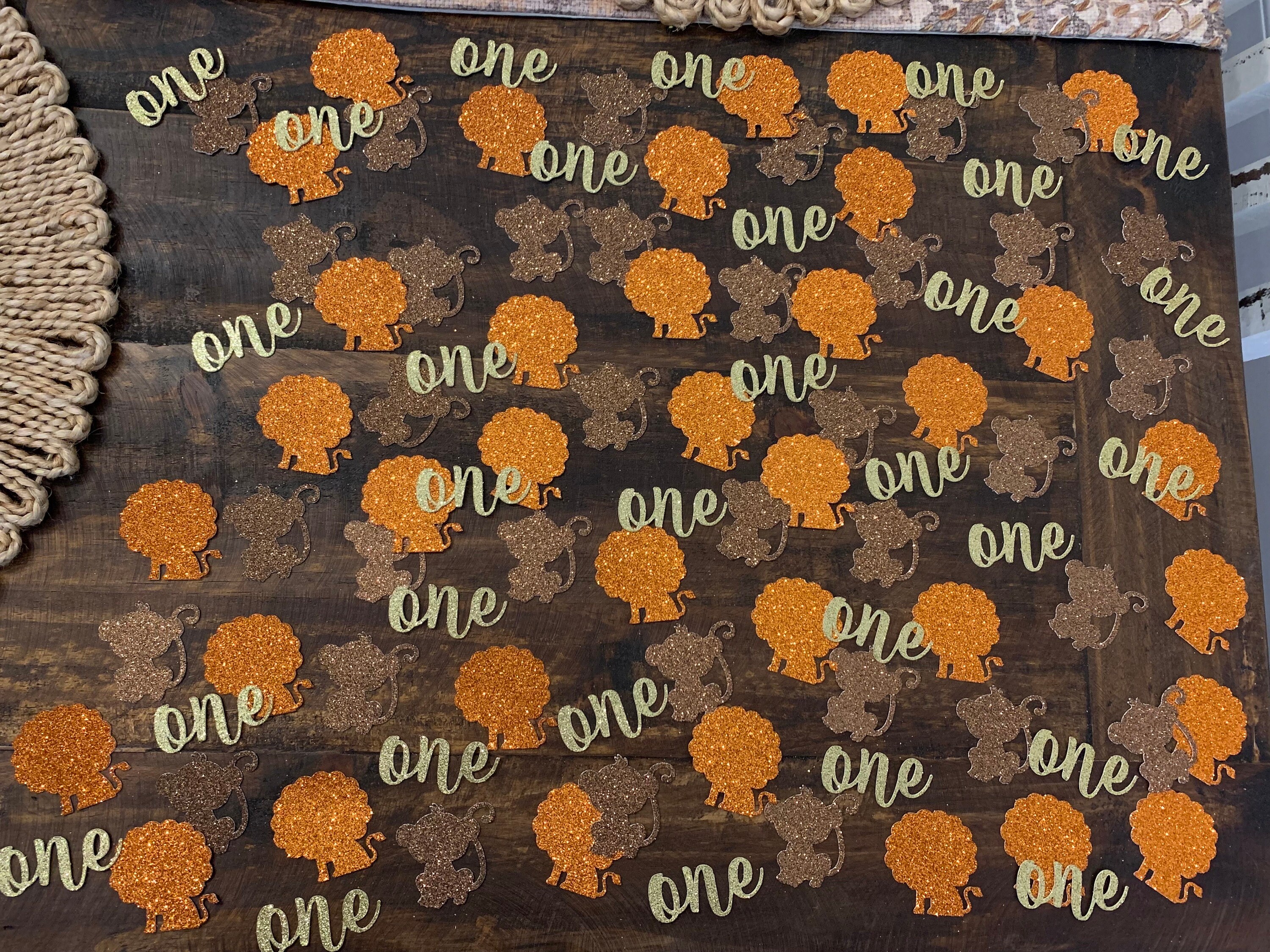 Wild one glitter confetti lion and monkey birthday decor orange brown and gold party confetti first birthday party animal