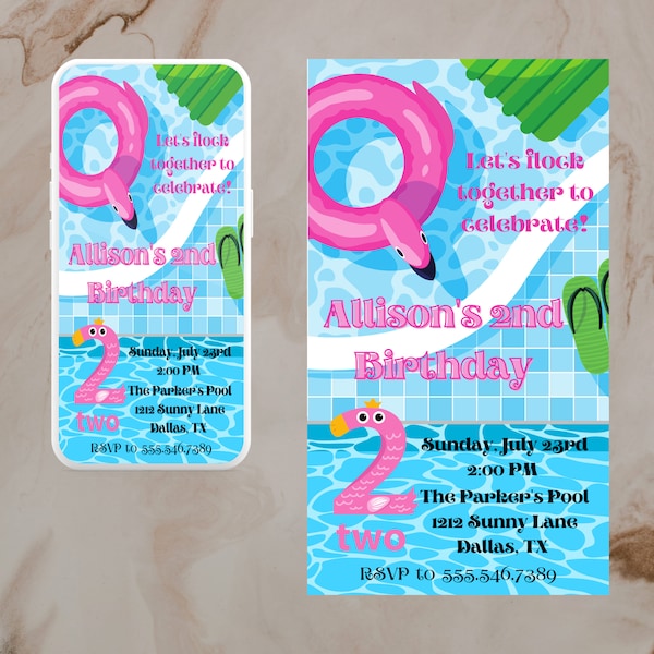 Flamingo 2nd Birthday Invitation, Let's flock together to celebrate invite, summer birthday e-vite, second pool party digital download