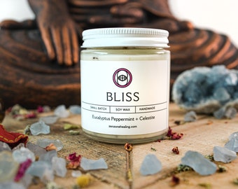 Bliss / Celestite Angel Connection Crystal Intention Candle (All Natural) Eucalyptus Peppermint Essential Oil Aromatherapy Dried Herbs Zen