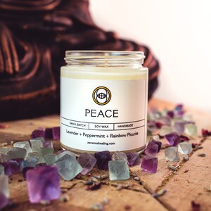 Peace / Rainbow Fluorite Crystal Essential Oil Intention Candle Third Eye Chakra Lavender Peppermint Aromatherapy Herbs Zen Meditation image 1