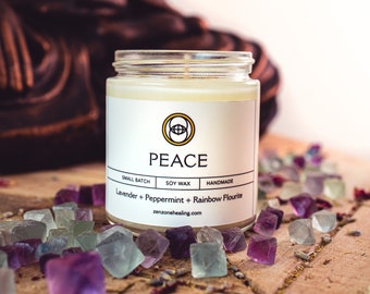 Peace / Rainbow Fluorite Crystal Essential Oil  Intention Candle Third Eye Chakra Lavender Peppermint Aromatherapy Herbs Zen Meditation