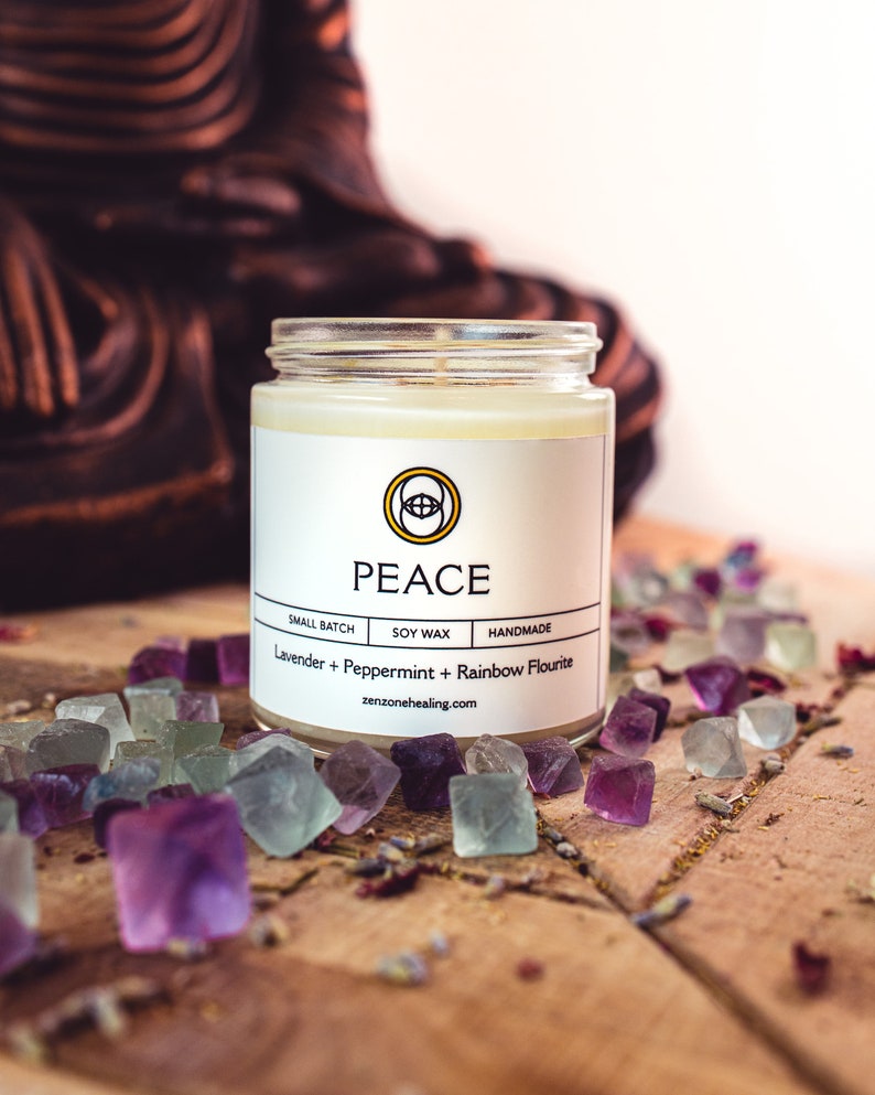 Peace / Rainbow Fluorite Crystal Essential Oil Intention Candle Third Eye Chakra Lavender Peppermint Aromatherapy Herbs Zen Meditation image 1