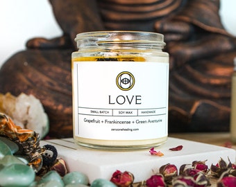 Love Crystal Intention Candle / Valentine Girlfriend Green Aventurine Essential Oil Heart Grapefruit Frankincense Aromatherapy Meditation