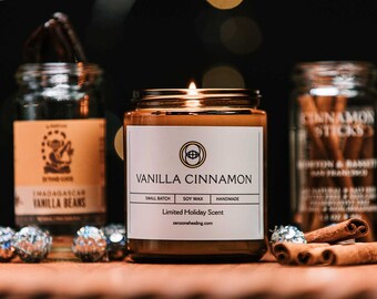 Vanilla Cinnamon Holiday Candle Soy Wax Phthalate Free Vegan Safe Scent Gift