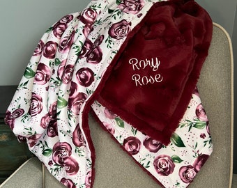 Customizable minky baby blanket. Merlot rose w/ Merlot