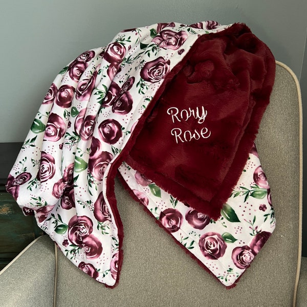 Customizable minky baby blanket. Merlot rose w/ Merlot