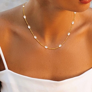 Pearl necklace, Satellite chain necklace with white pearls, Gold pearl chain necklace, Silver pearl chain necklace, Gift for her, UK brand
